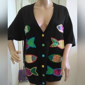 VINTAGE PATCHINGTON Black Cardigan Colorful Fish Design W BEADING & SEQUINS SZ.M
